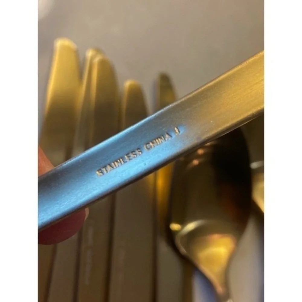 Gold Stainless Steel Flatware Set 39 Piece Modern Square Handle Satin Finish